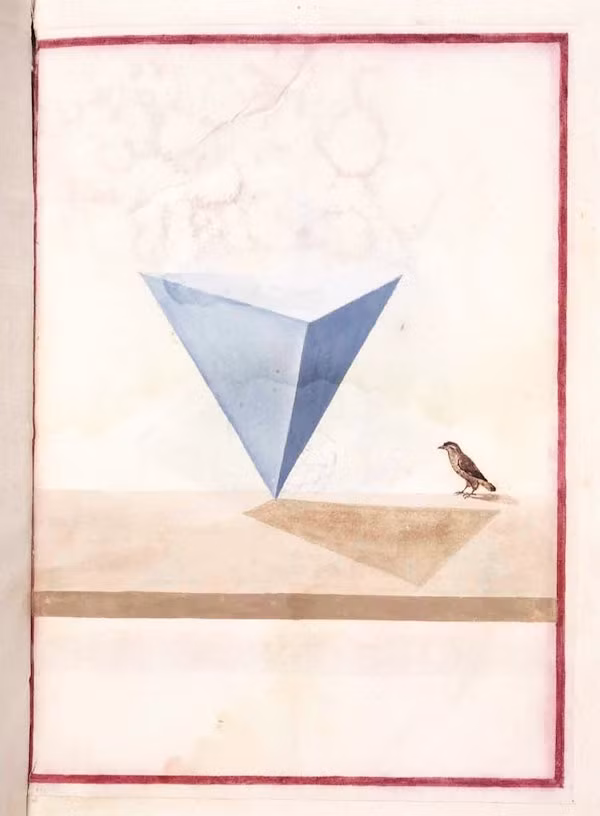 16th century watercolor illustration of a large tetrahedron next to a small bird